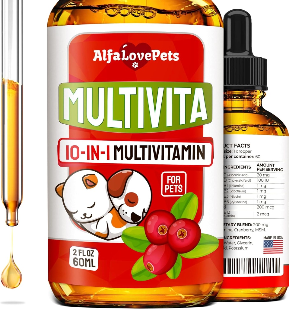 Flytende multivitamin for hunder – Katt multivitaminer for innendørs katter – 10-i-1 flytende hund vitaminer B-kompleks, C, D3 – Digestion, urinasjon, Hip & Joint, Hud & Coat – Cranberry Flavor – 2 Oz