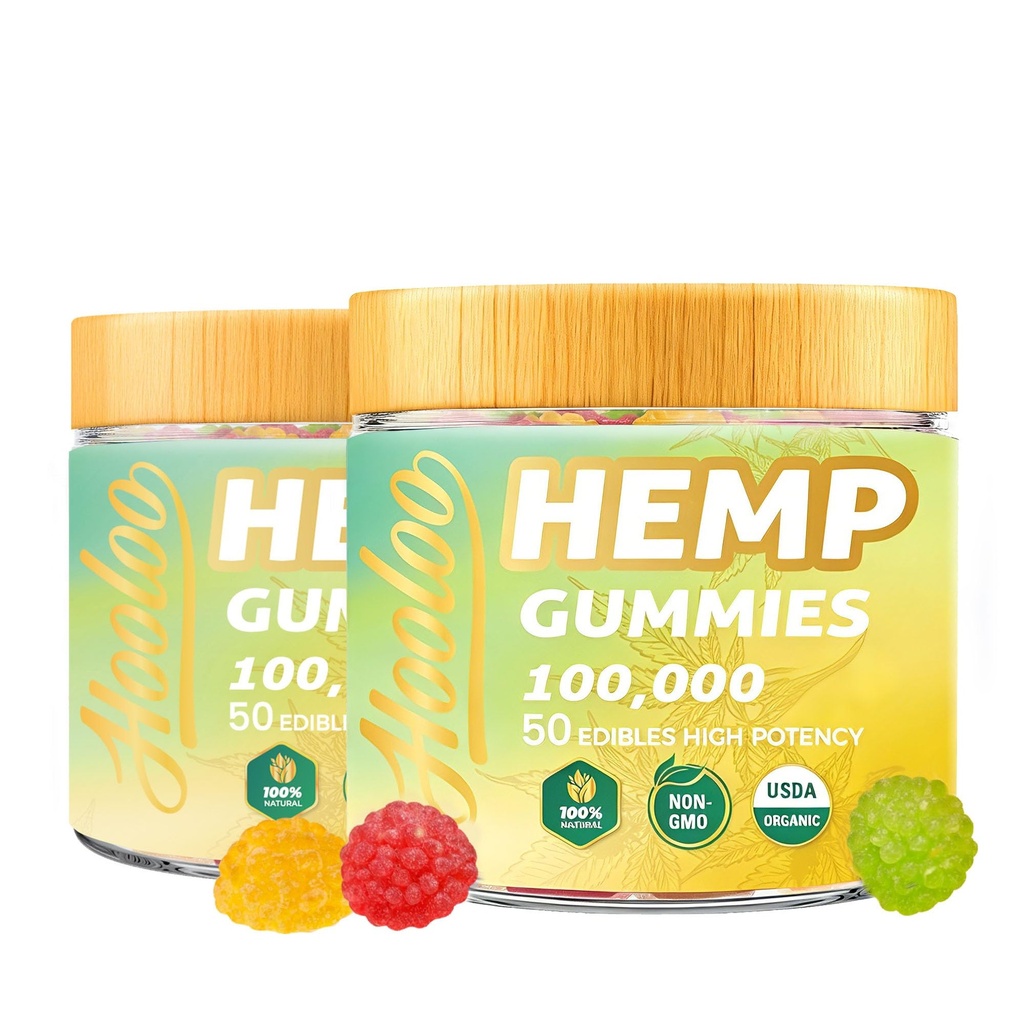 HOOLOO Hemp Gummies 100,000 for Deep Sound Bedtime Support and Discomfort Relief, Fruity Gummy Infused Omega 3 Vitamins, Made in USA