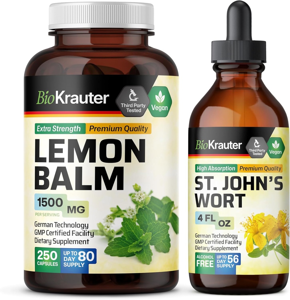 BIO KRAUTER Lemon Balm 250 Capsules & St John's Wort Tincture 4 Fl. Oz.