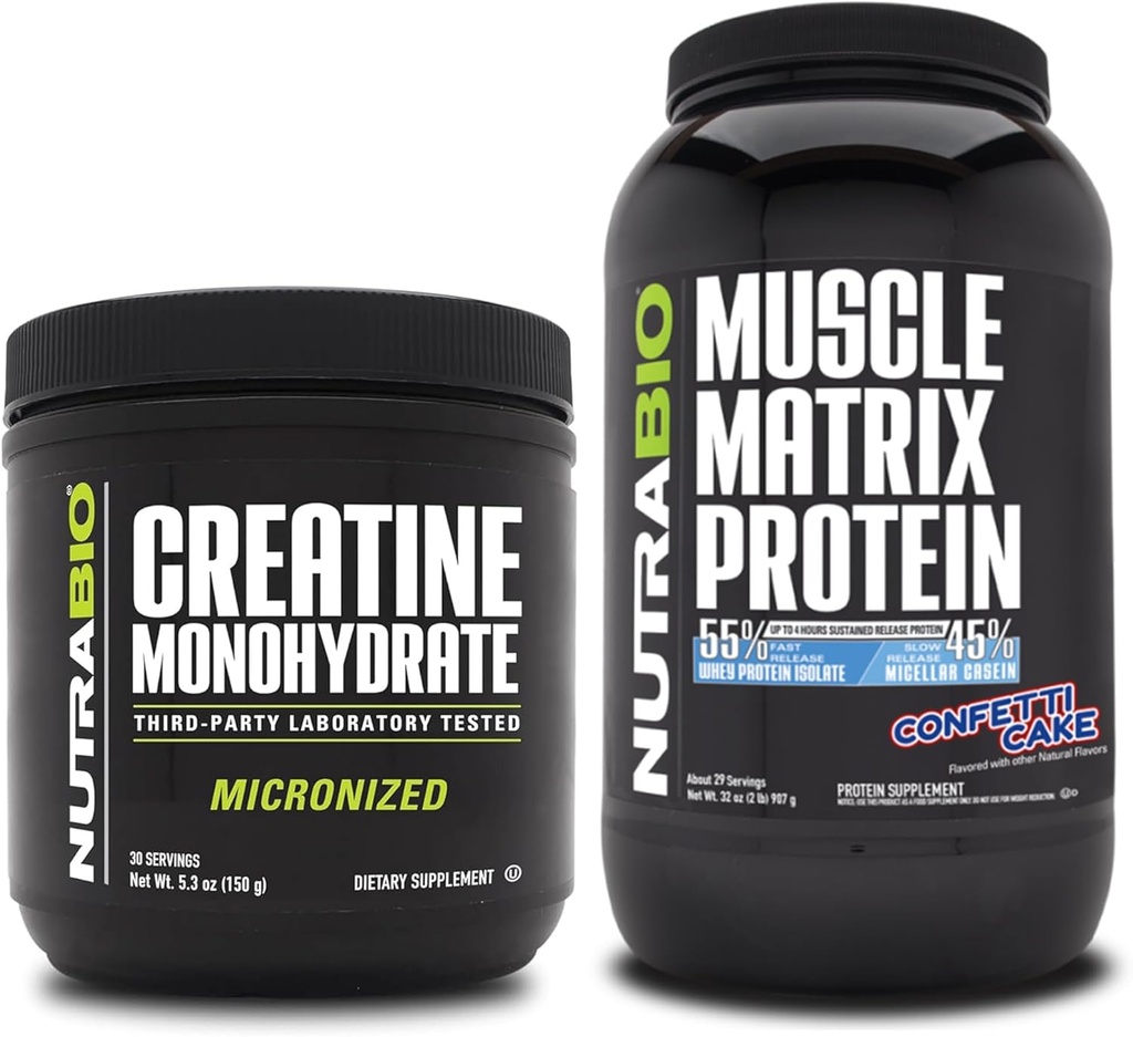 NutraBio Monohidrato de creatina, sen sabor, (150 g) e a proteína de matriz muscular en po, (confetti Cake) Suplemento Bundle - Enerxía muscular, crecemento máximo, recuperación e forza