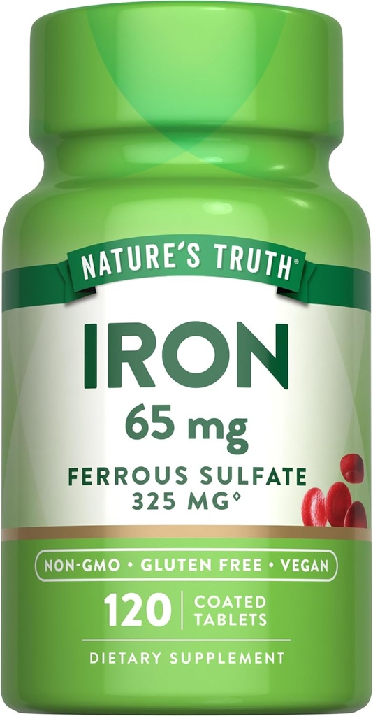 Nature's Real Iron Supplement | 65mg | 120 Tablets | 325 mg Ferfous Sulfate | Not-GMO และ Glute Pilml