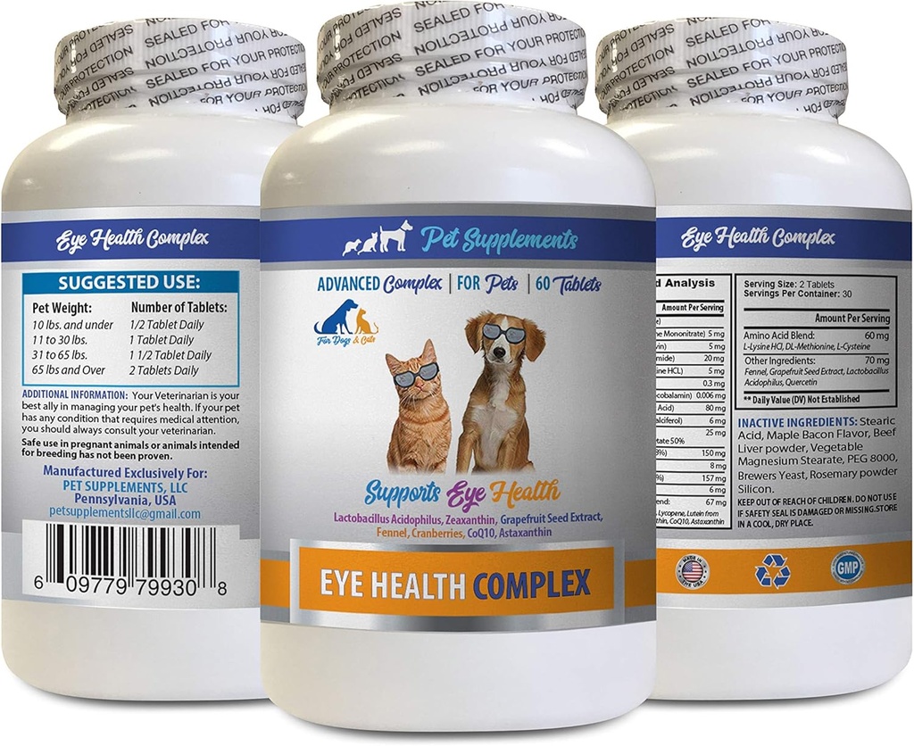 Dog Eye Vitamins - PET Eye Health Complex - Dogs and Cats - Supports Eye Vision - astaxanthin for Dogs, Eye Vision Supplement for Dogs and Cats, Eye Health Vitamins Lutein and zeaxanthin 1Bot 60Tabs