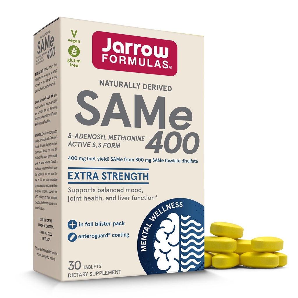 Jarrow Formulas SAMe Supplement 400 mg - 30 Tablets - High Concentration of Active S,S Form - Supports Joint Health, Liver Function, Brain Metabolism, Balanced Mood & Antioxidant Defense - 30 Servings