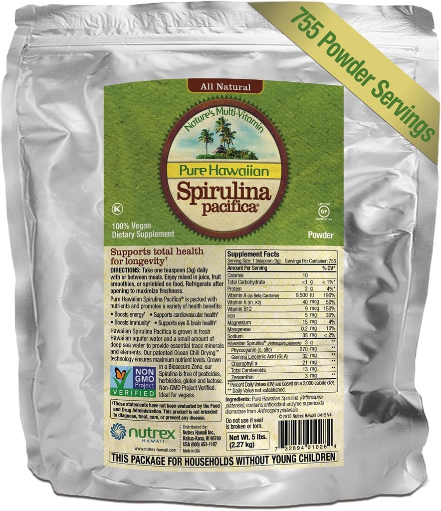 Murni Spirulina Powder 5 Lb Bulk Bag - Boosts Energy and Supports Immunity - Vegan, Non GMO - Natural Superfood Grown di Hawaii