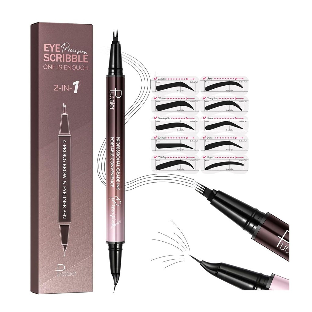 2-in-1 Curved Eyebrow Pen and Eyeliner with 10Pcs Brow Stencils, Microblading Eyebrow Pencil with 4 Fork-Tip and Curved Precise Tip, Waterproof and Long Lasting Eyebrow Pencils for Women, Soft Black