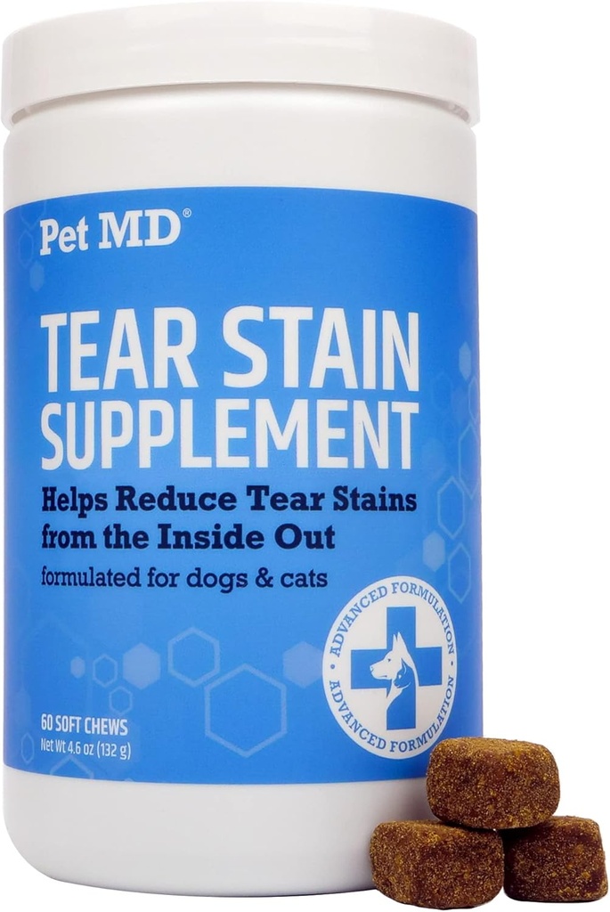 Pet MD Tear Stain Remover for Dogs ' Cats - Antioxidant Eye Care supplement with Lutein, Cranberry, " Omega 3 ' 6 - Cat ' Dog Tear Remover Chews for White ' Light Fur - 60 ct