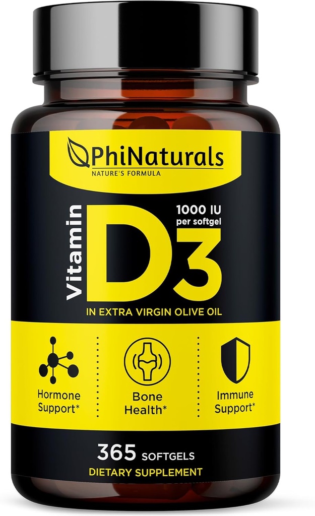 PhiNaturals Vitamin D3 1000iu Softgel Supplement Olivenolie Base 365 Gel Caps One Year Supply of VIT D, Vitamina D 3 1000 iu
