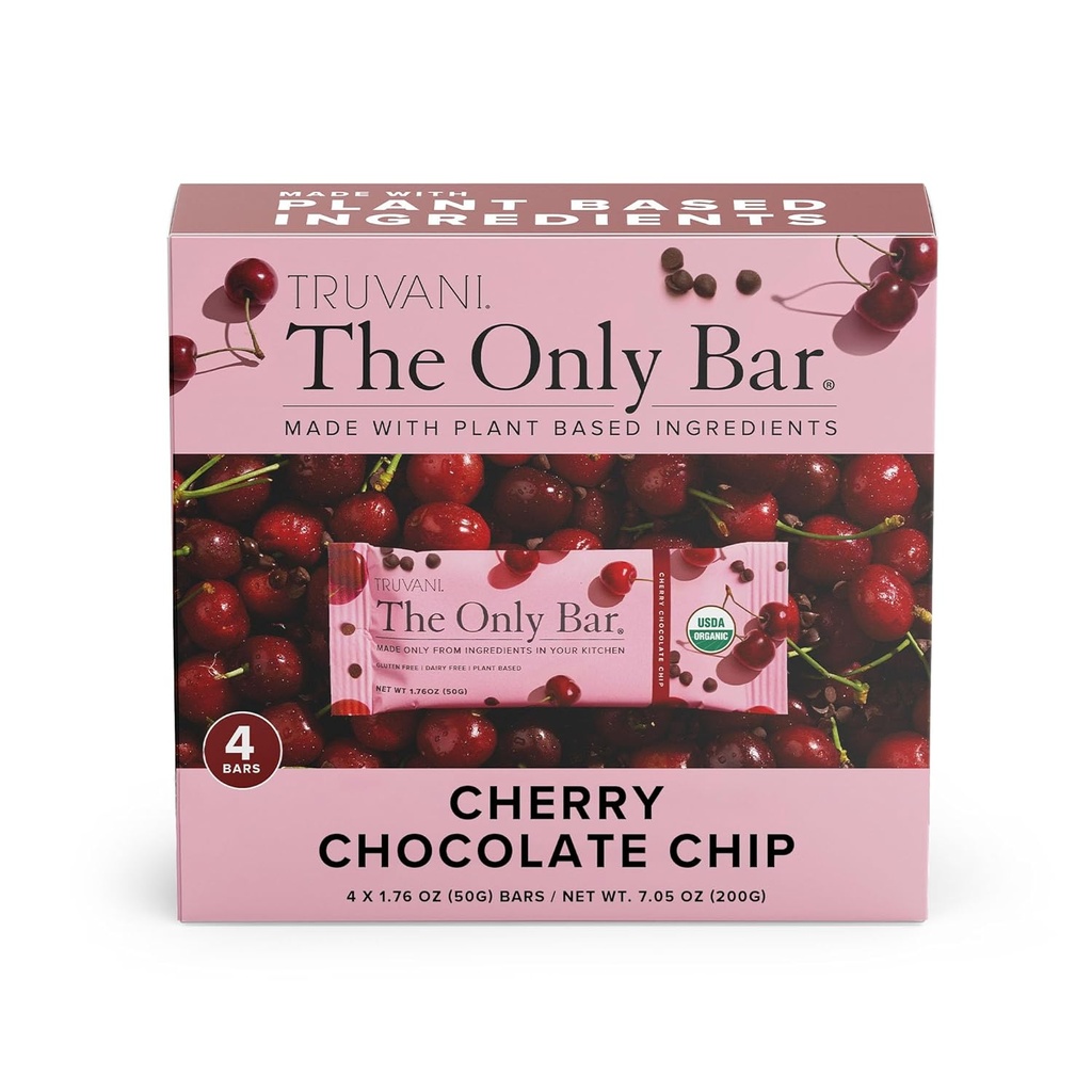 Truvani Plant Based Snack Bars | Cherry Chocolate Chip 4 Pack | 5g Protein | USDA Organic and Vegan | The Only Bar | Dairy, Soy, and Gluten Free | Individually Wrapped