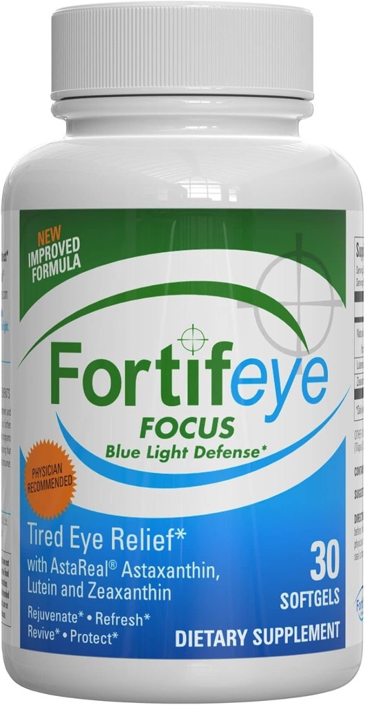 Fortifeye Focus Augenpflege Supplement 30 Softgel Kapseln - Dreifach Carotenoid Einschließlich Astaxanthin, Lutein und Zeaxanthin Ergänzungen, Augen Vitamine, unterstützt Augen Fatigue und blauen Lichtschutz
