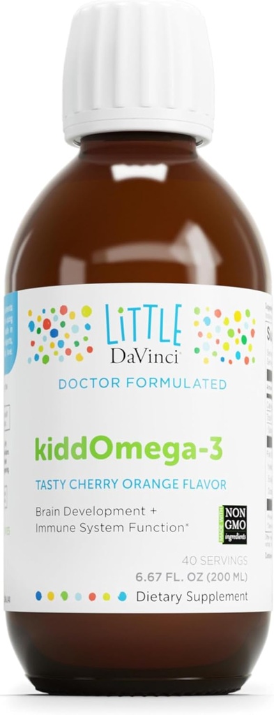 DAVINCI Labs kiddOmega-3 - Omega-3 lichid suplimentar pentru copii - pentru sistemul imunitar, focus și Brain Support* - cu fructe de Monk, DHA, EPA și More - Cherry Orange Flavor - 200ml