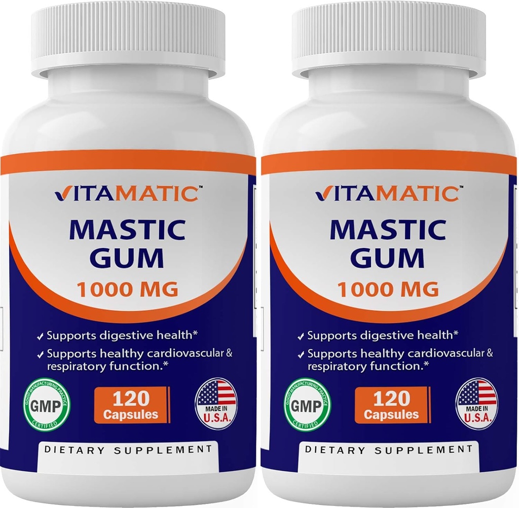 Vitamatisk 2 Pack Mastisk Gum 1000mg per servering - Støtte fordøjelsesfunktion, Gastrointestinal sundhed, immunforsvar og oral wellness, Total 240 kapsler