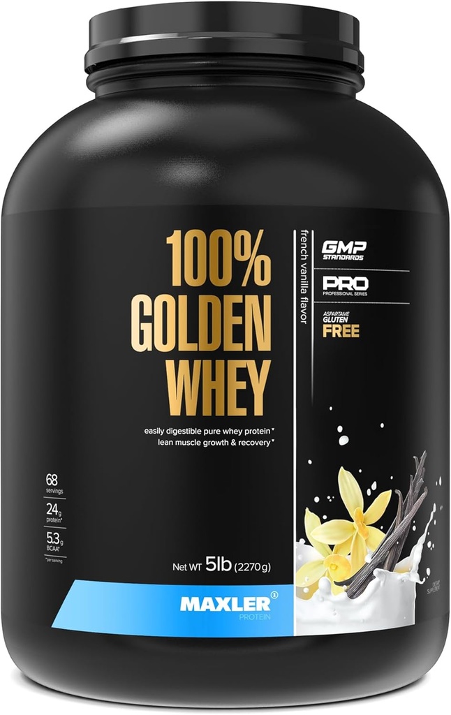 Maxler 100% Golden Whey Protein - 24 g protein per serving - Premium protein serwatkowy proszek do przygotowania przedpost - Fast- Absorbujący koncentrat serwatki Isolate Hydrolysate Blend - Francuski Vanilla Protein 5lb