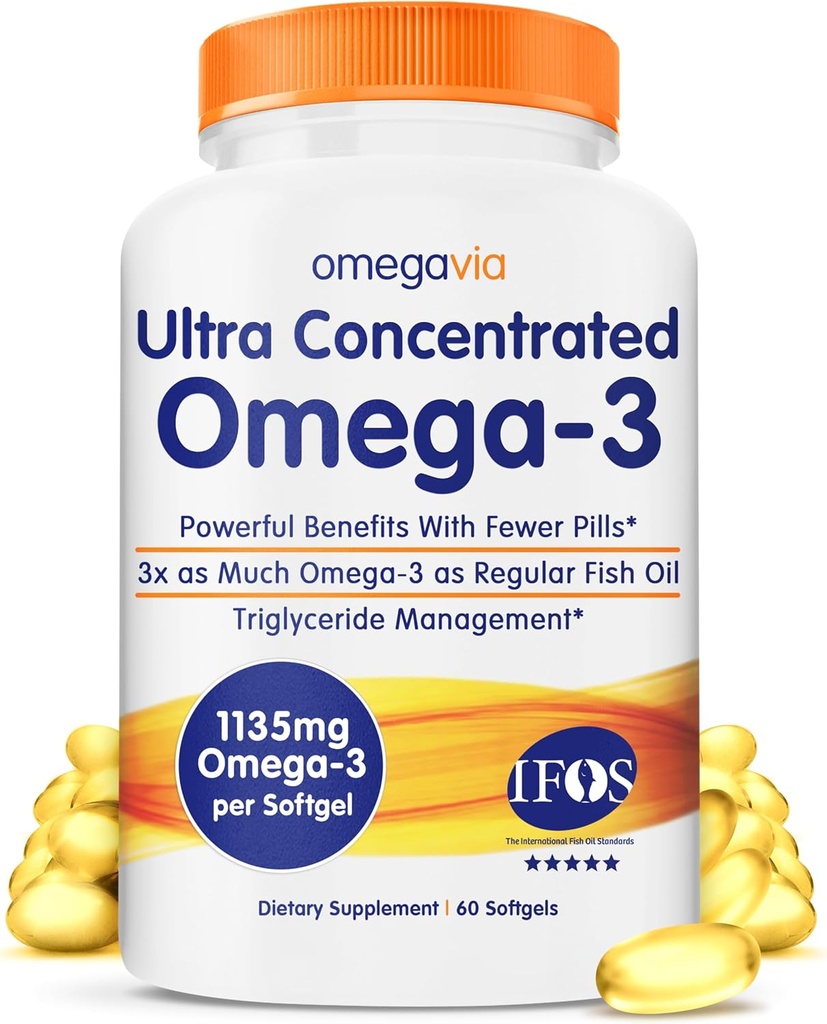 OmegaVia Ultra concentrat Omega 3 Fish Burpless ulei, 60 Softgels, Triple Putere Omega 3 Suplimente ulei de pește, 1135 mg Pure Omega3, No Fishy Burps, High EPA DHA DPA, IFOS 5-Star