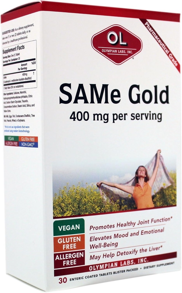 Lab Olympian Entertaic Coated SAMe Gold 124; 400 mg per Serving 124; Vegan, Gluten Free, Soy Free 124; Mood dan Gabungan Dukungan - 30 Mesiik Coated Tablet