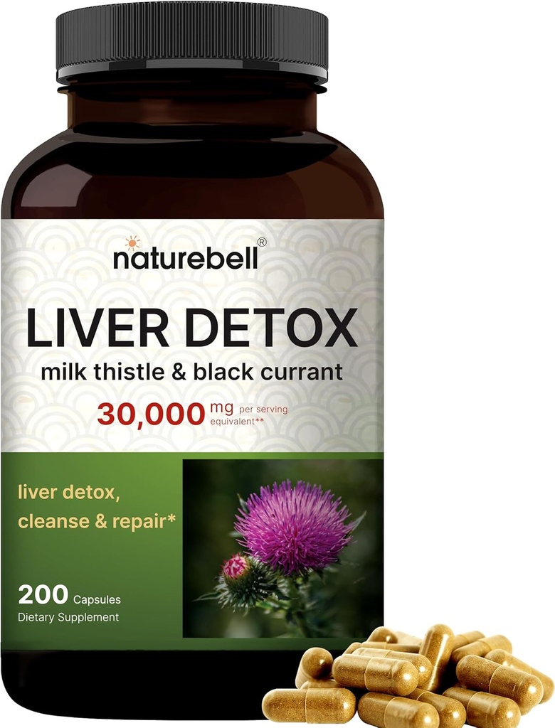 Lever Detox Supplements - 200 kapslar med mjölk Thistle 30.000mg & Black Currant | Natural Active Silymarin - Extra Styrka 60:1 Extrakt - Herbal Cleanse & Repair Support - Non-GMO