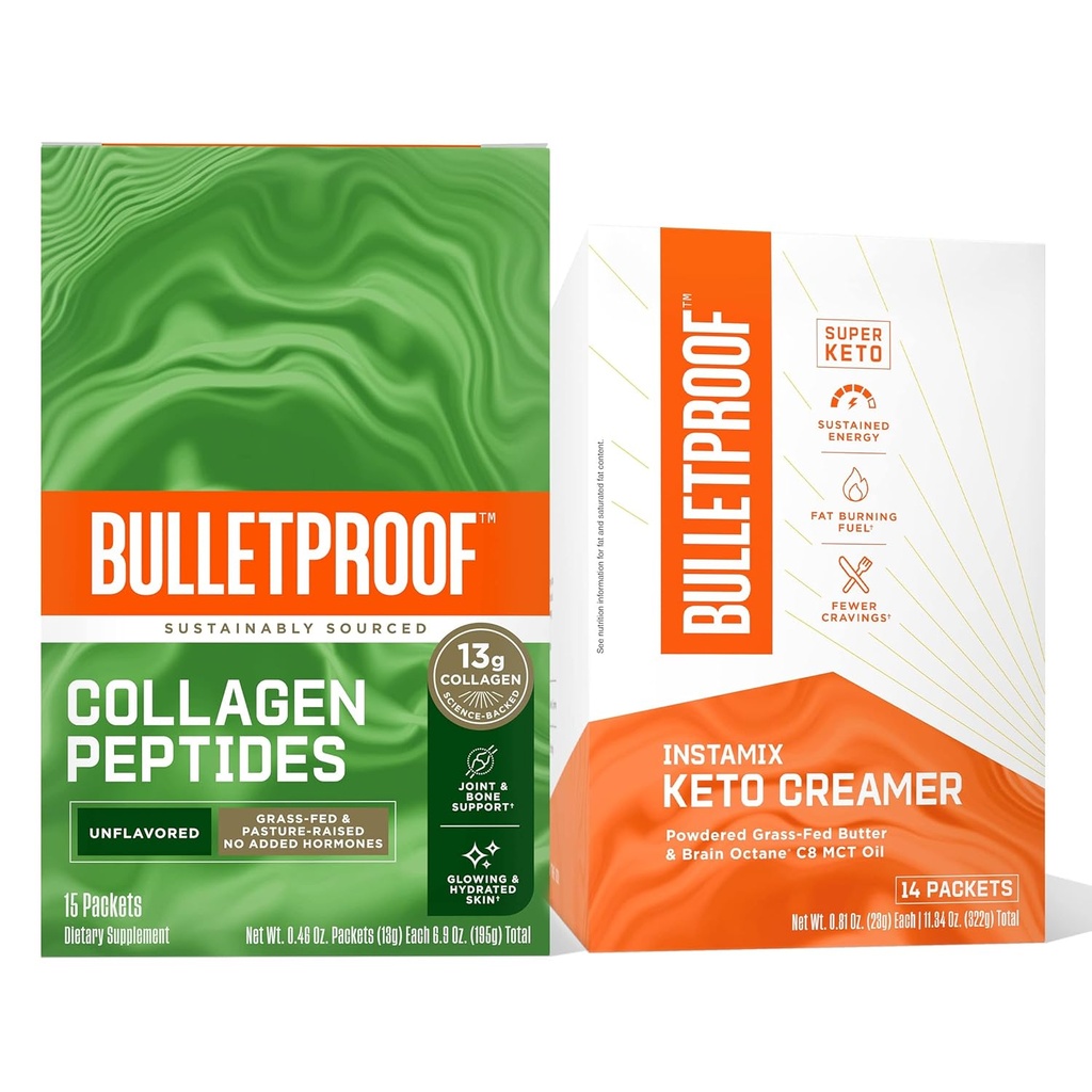 Kopi Duo Bulletproof - InstaMix Keto Coffee Creamers dengan Grass- Fed Ghee dan MCT minyak, 14 Pack & Unflashed Collagen Protein dengan 13g Grass- Feed Collagen Peptides untuk Skin, Bones, dan Joints, 15 Pack