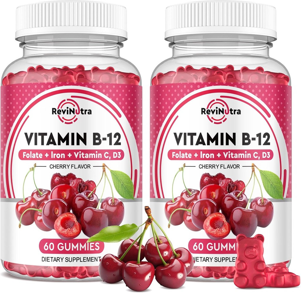 비타민 B12 Gummies - 철을 가진 5000 mcg Methylcobalamin, 비타민 C, D3 & Folate, 에너지 지원 및 대사, Immune, B-12 복잡한 Chewable 보충교재 & 여자, 120 조사, 2 팩