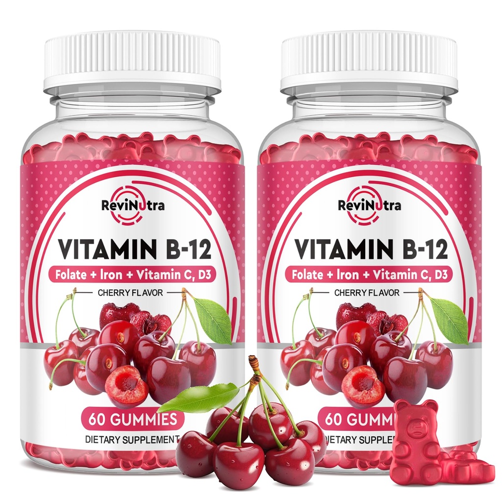 Vitamin B12 Gummies - 5000 mcg Methylcobalamin with Iron, Vitamin C, D3 & Folate, Energy Support and Metabolism, Immune, B-12 Complex Chewable Supplement for Men & Women, 120 Count, 2 Pack