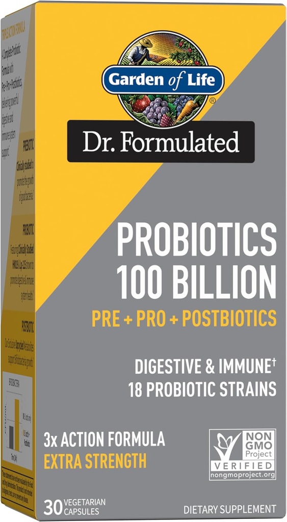 Probiotiko formulatuak 100 mila milioi CFU Pre + Pro + Postbiotikoak - Indarraren digestioa eta immunitatea gizon eta emakumeentzat, Patata, Acacia, Metabolite postbiotikoak, 30 kapsulak