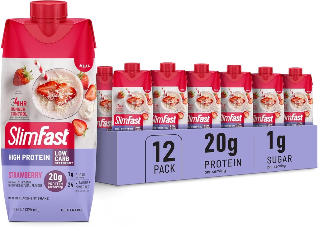 SlimFast Protein Shake, Jordbær- 20g Protein, Måltid Erstatning Shake klar til å drikke, høy protein med lav carb og lav sukker, 24 vitaminer og mineraler, 12 count (Pack of 1) (Packing May Vary)