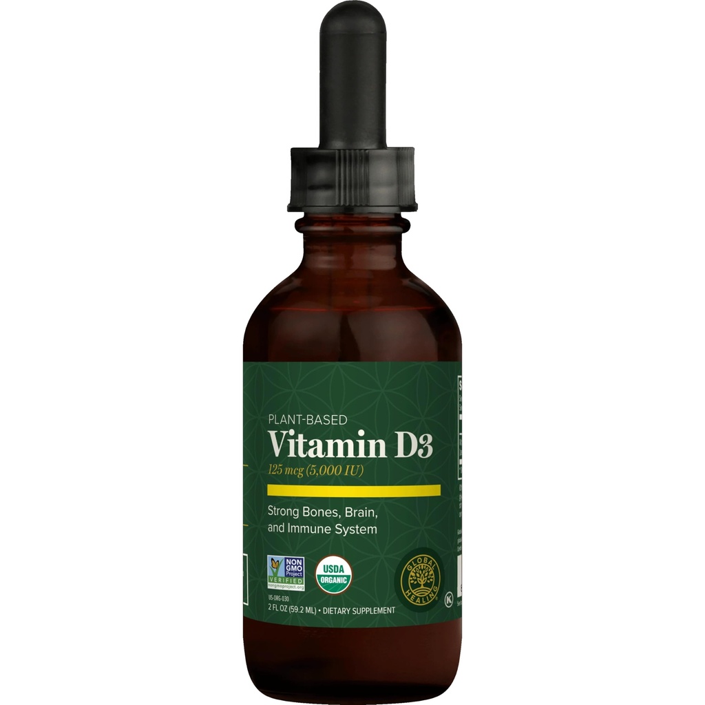 Global Healing Organic Vitamin D3 5000 IU Supplement - Vegan Vitamin D Supplements for Immune Health & Strong Bones Support - Pure D3 Vitamin 5000 IU Ingredients, Vit D3 - 2 Fl Oz
