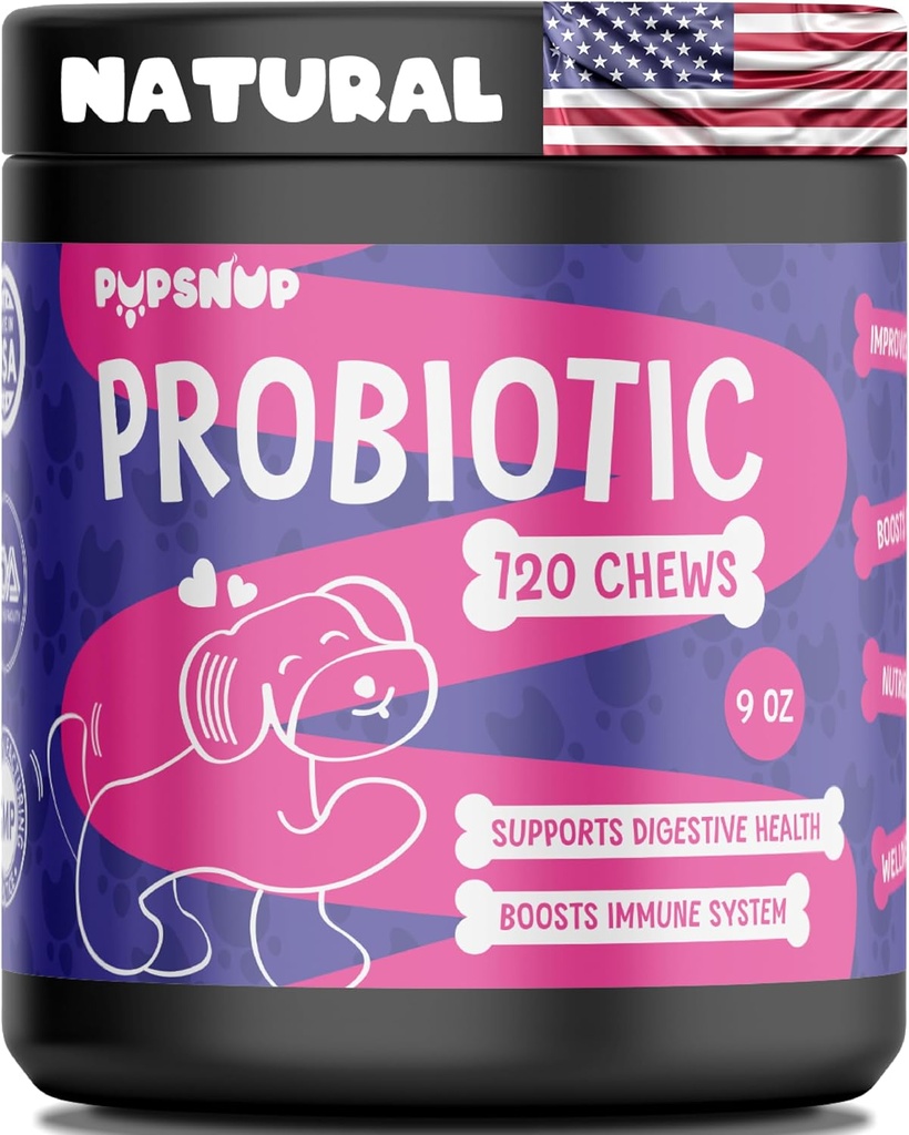 PupSnup- Probiotici per cani- Supporto Gut Salute, Salute Digestiva e Boost Sistema Immune- Pumpkin e Papaya Polvere- 120 Soft Chews- Made in USA