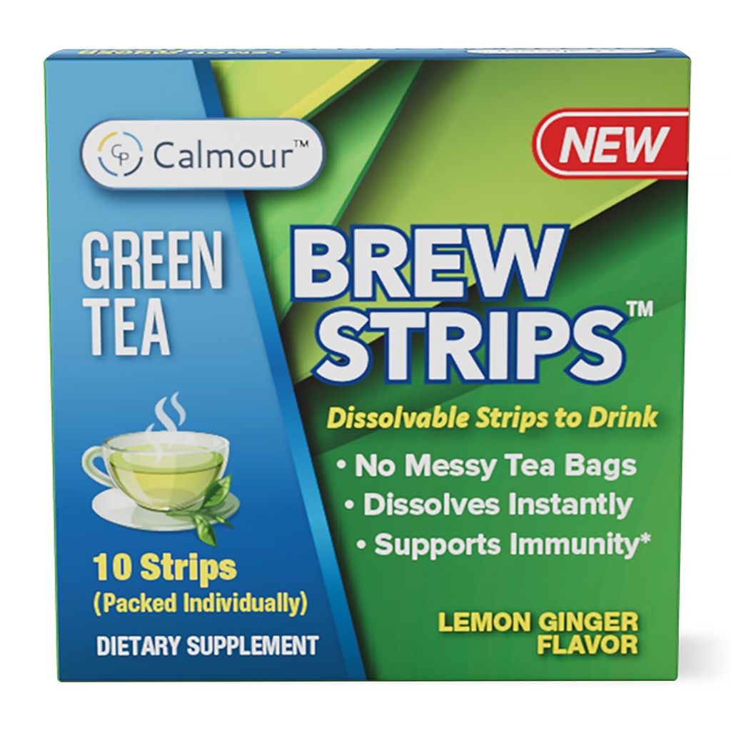 CALMOUR Natural Green Tea Extract Strips 10 Pack | Green Tea Bags Alternative Travel Friendly On-The-Go Quick Dissolving Strips | Lemon Ginger Tea con antioxidantes | Matcha Green Tea Flavor