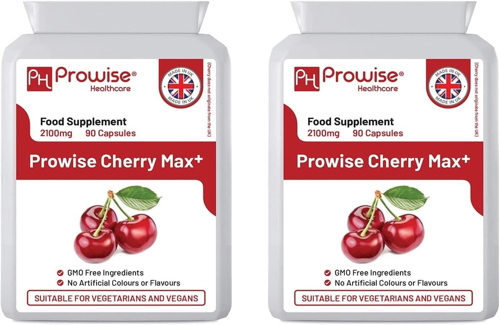 Cherry Max+ (Pachet de 2) 2100mg Montmorency Cherry Adăugat cu Black Cherry I 90 Vegan capsule de mare putere am făcut în Marea Britanie de Prowise Healthcare