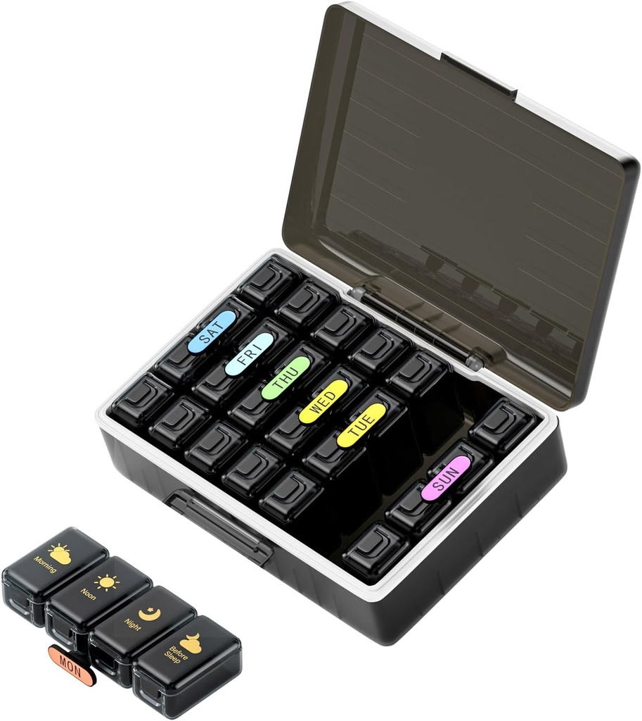Haftalık Pill Organizer 4 Times bir gün, Büyükleştirmeler Pill Box 4X 7 Gün, Tıp Piller /Vitamins/Fish Oils/Medication /Supplements (Black)
