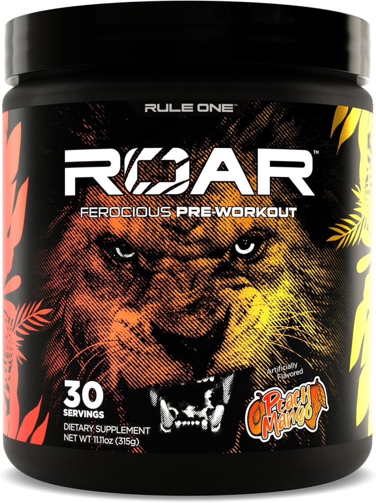 规则1 R1 Roar -- -- 与Creatine、Beta-Alanine、Citrulline、Electrolytes和Cafeine(30人服务,Peach Mango)合作的预战粉