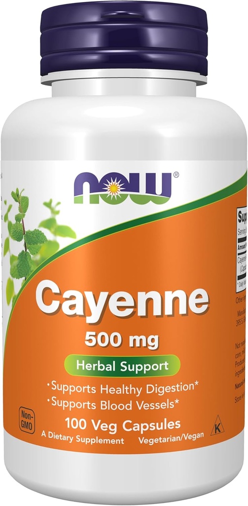 Добавки харчові продукти NOW, Cayenne (Capsicum annuum) 500 мг, трав'яна підтримка, 100 Вег Capsules