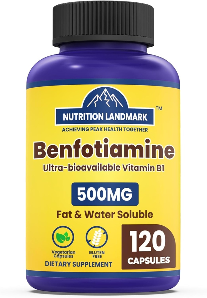 Vitamin B1 Benfotiamin, 500mg pro Servierung, 120 Kapseln,Fat & Wasser lösliches Vitamin B1, Glutenfrei, Non-GMO, Vegetarisch