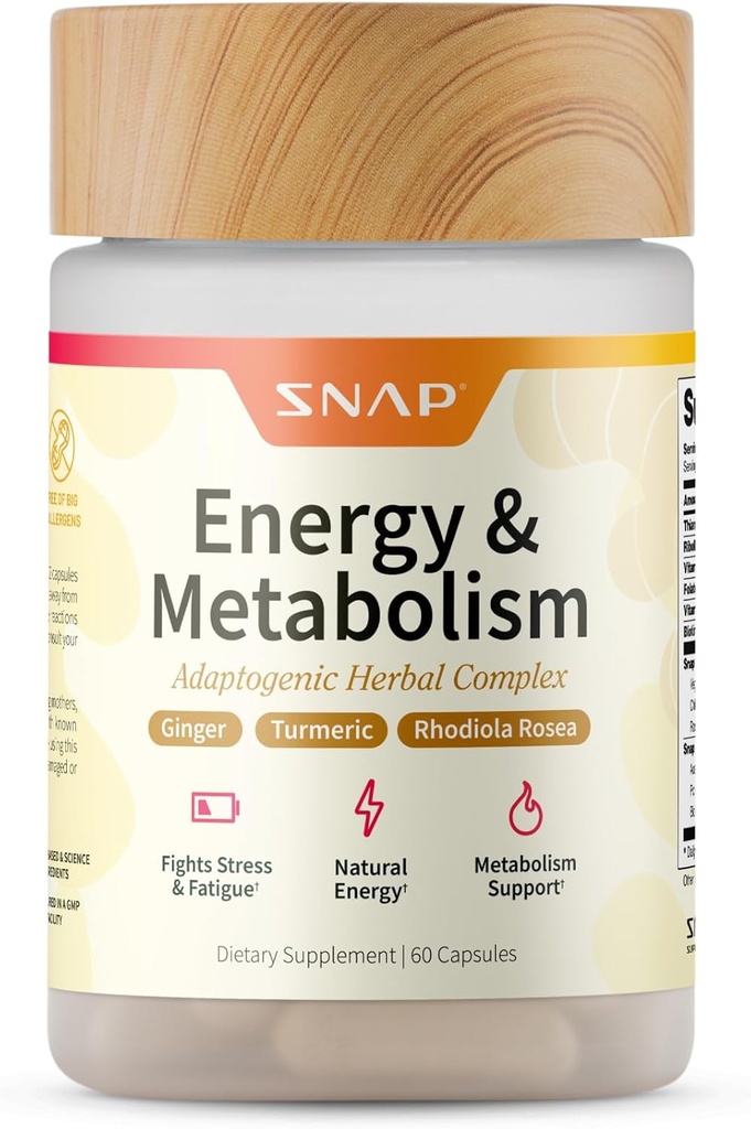 Snap Supplements Energy & Metabolism Herbal Complex for Fatigue, Stress Relief, Energy Booster & Better Mood, Energy Pills for Women &amp; Men, 60 Capsules (30 Servings, 1 Month Supply)