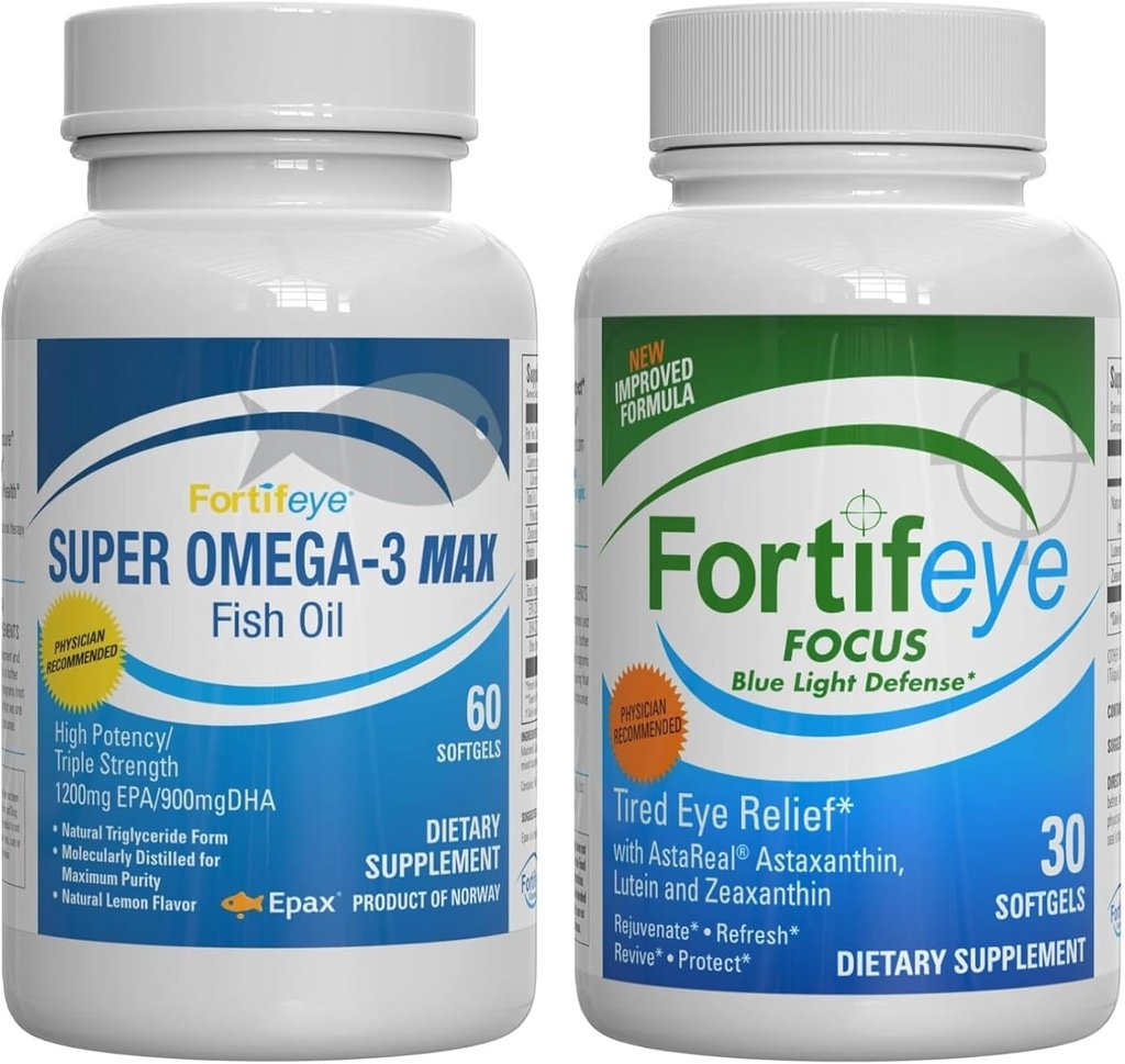 Fortifeye Blue Light and Heart Health Support Bundle 124; Super Omega3 Max Fish Oil, 60 Softgels, and Focus Blue Light Defense, 30 Softgels