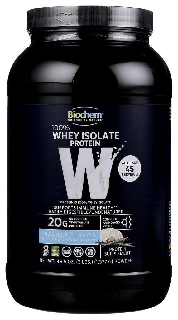 Biochem 100% Whey Isolate Protein Powder, Vanilla Flavor, 20g Grass-Fed Protein, Keto Friendly, Gluten Free, Easily Digestible, Vegetarian, 48.5 oz, 45 Servings