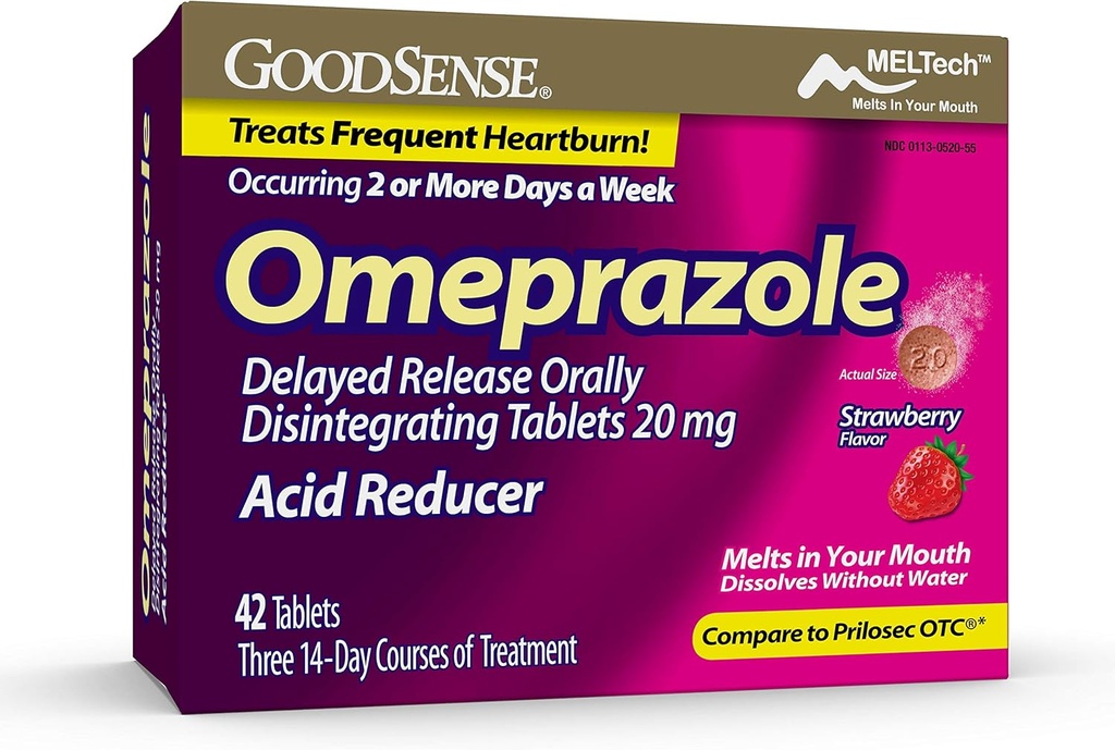Goodssen Omeprazole ชะลอการปลดปล่อย Orally distrieved Tables 20 mg, Strawberry Flavor, Dissofe Tabs, Teals Frequest Heartburn, Recember, Fartburn Medor, 42 Tables