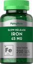Piping Rock Iron Supplement 45 mg | 200 Vegetarian Tablets | Slow Release Ferrous Sulfate Pills | Non-GMO & Gluten Free
