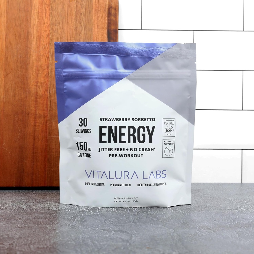 Vitalura Labs Pre- Workout Powder - Koffein, Theacrin, Rhodiola & L- Theanine for Energy & Endurance - NSF Indhold Certificeret - Strawberry Sorbetto Flavored - 30 Servering