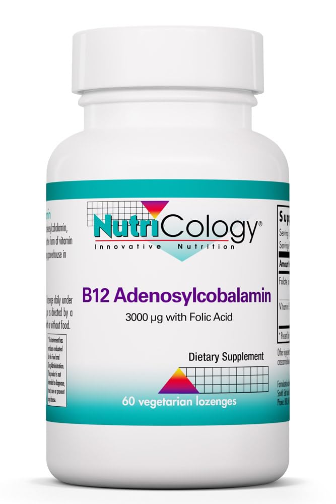 Nutricology B12 Adenosylcobalamin Supplement - with Folic Acid, Vitamin B12 3000 mcg, Folate, Pure B12, Vegetarian Lozenges - 60 Count