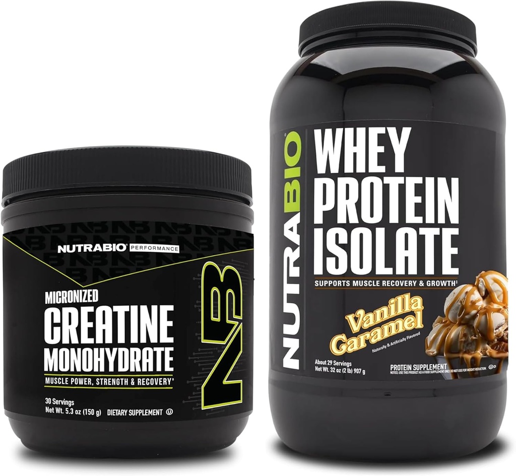 NutraBio Creatine Monohydrate, Unflavored, 150g and Whey Protein Isolate, Vanilla Caramel, Supplement Bundle - Muscle Energy, Lean Muscle Growth, Recovery, andStrength