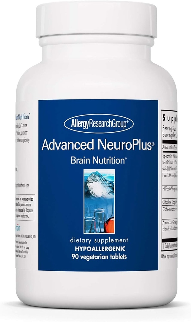 Alergy Research Group Advanced NeuroPlus Suplement - Memory & Focus Support, for Brain Function Health, Lion 's Mane, Vegetarian Capsules - 90 Count