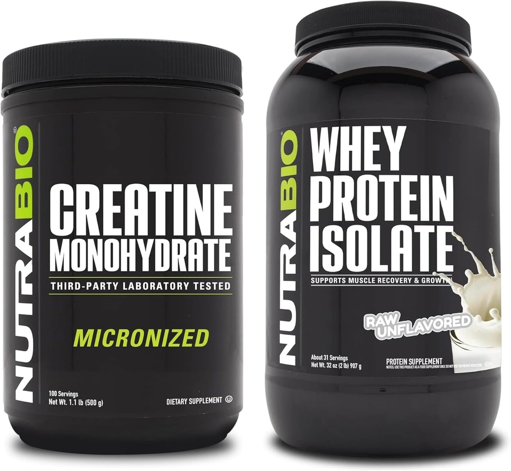 NutraBio Creatine Monohydrate, Unhafeted, 500g dan Whey Protein Isoloate, Unflashted, Supplement Bundle - Muscle Energy, Lean Muscle Growth, Recovery, and Power