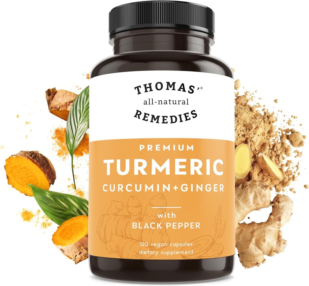 Thomas' kaikki luonnolliset korjaustoimenpiteitä Turmeric Curcumin ja inkivääri mustapippuri, Luomu Turmeeric Joint Tuki täydentää- 95% Curcumin - EI täyteaineita, Vegan - 120ct