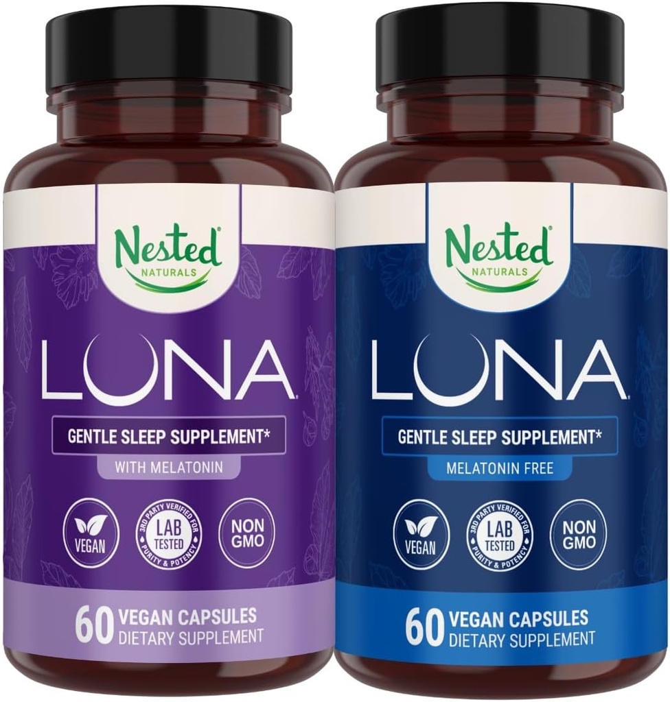 Aninhado Naturals Luna Sleep Aid Bundle (Pílulas para dormir livres de Luna & Luna Melatonina com Ingredientes Naturais Melatonina, Valarien, & More (120 Conde)