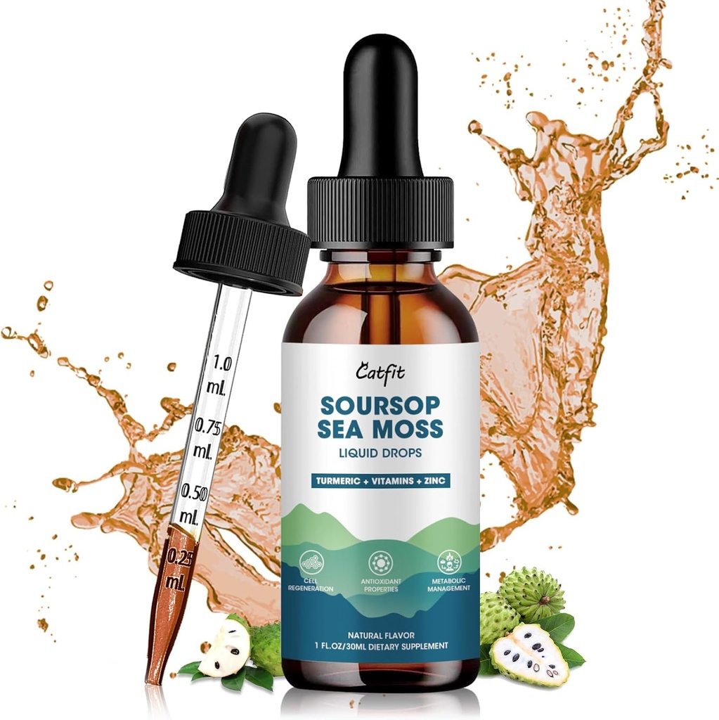 Soursop Graviola Liquid Drop, Soursop Leaves Extract with Sea Moss & Turmeric, Graviola Soursop Bitters Liquid for Cell Support & Regeneration, Liver, Relax, Immune eta Antioxidant Support, 1 Fl Oz