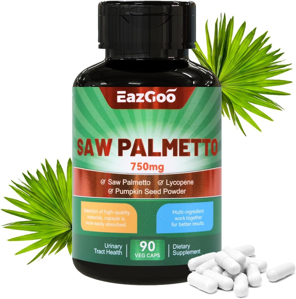 Saw Palmetto Supplement, Saw Palmetto Extract 750mg, com Lycopene, Pumpkin Seed Powder, para homens e mulheres,Não-GMOs & Gluten, Vegan, 90 cápsulas de contagem