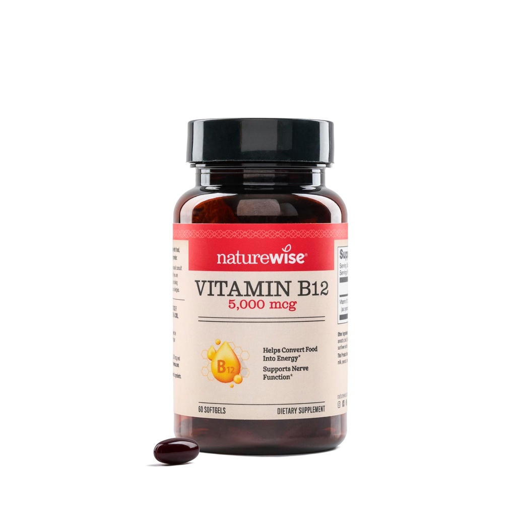 NatureWise Vitamin B12 5000 mcg - Extra Strength - Supplement for Supporting Energy Levels, Mental Clarity, Nervous System Health - Easy-to-Swallow, Soy and Gluten-Free, Non-GMO - 60 Softgels