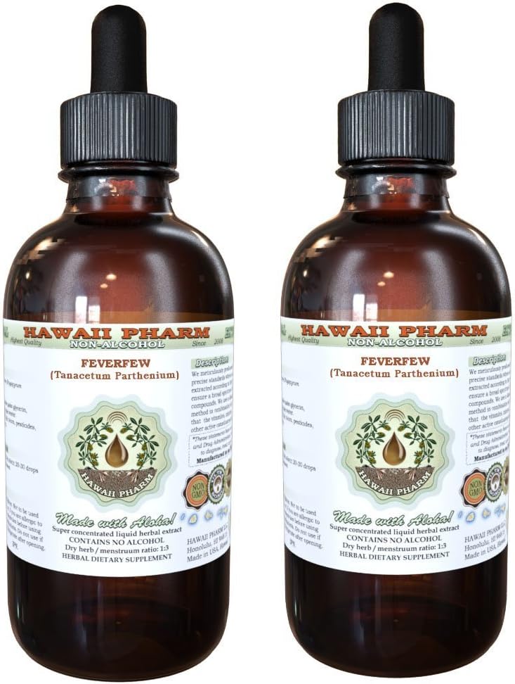 Feverfew Alcohol-Free Liquid Extract, Organic Feverfew (Tanacetum parthenium) Dried Herb Glycerite Hawaii Pharm Natural Herbal supplement 2x4 oz