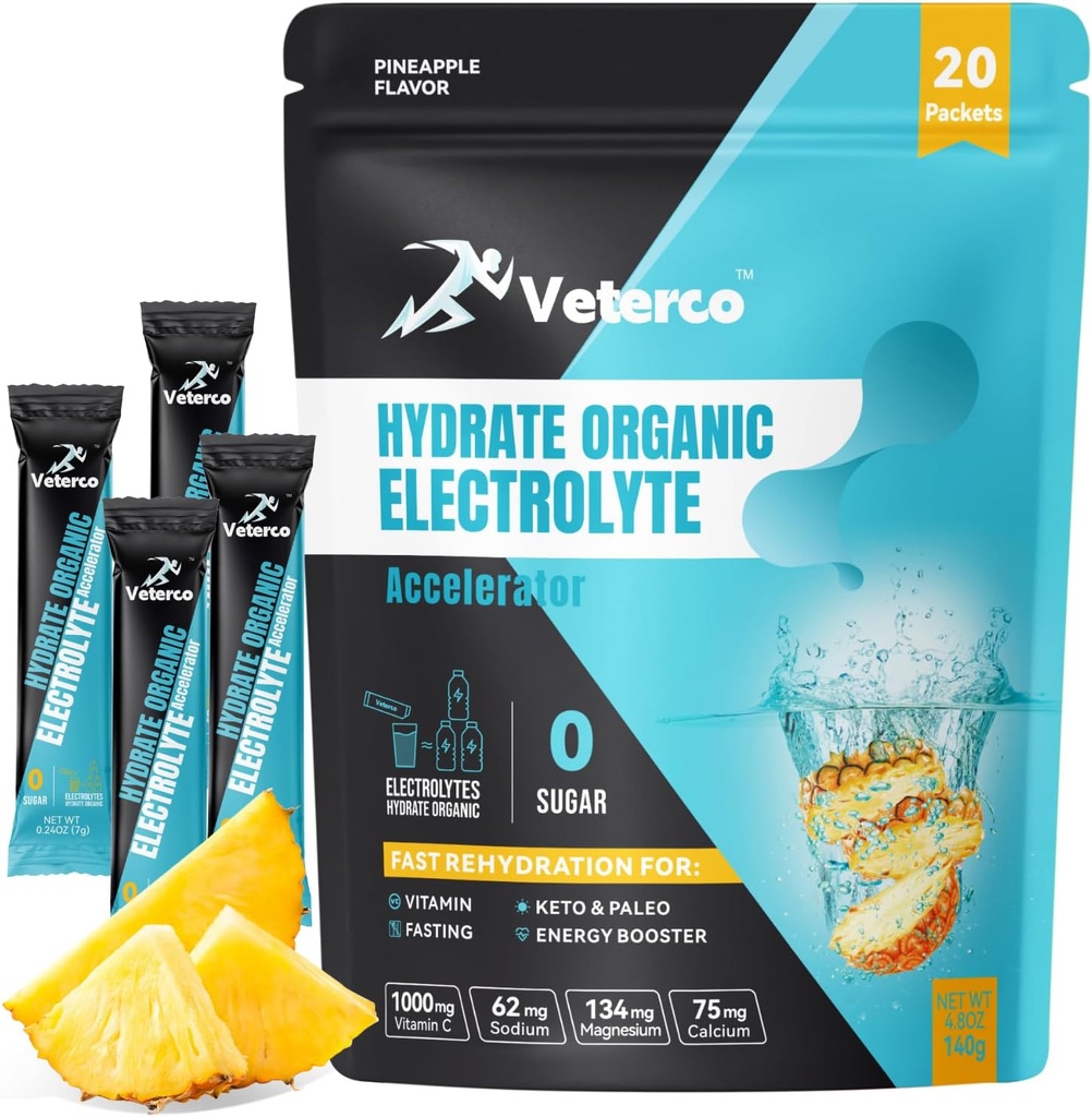 Idratazione Electrolyte Powder, Electrolyte Drink, Integratore di Idratazione Miscela di Bevande, Imballaggio di Idratazione con Vitamina & Mineral, Keto Friendly, Vegan, Non OGM, Senza Zucchero, Ananas Flavor (20 Sticks)
