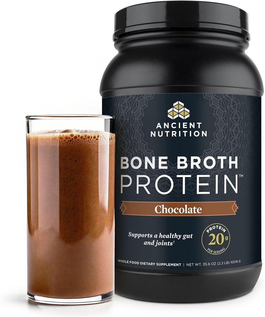 Ancient Nutrition Grass Fed, Cage Free, Bone Broth Protein Powder, 20g Protein, Hydrolized Collagen Peptides, Keto & Paleo Friendly, Supports Joint, Gut Health, Chocolate, 40 Servings